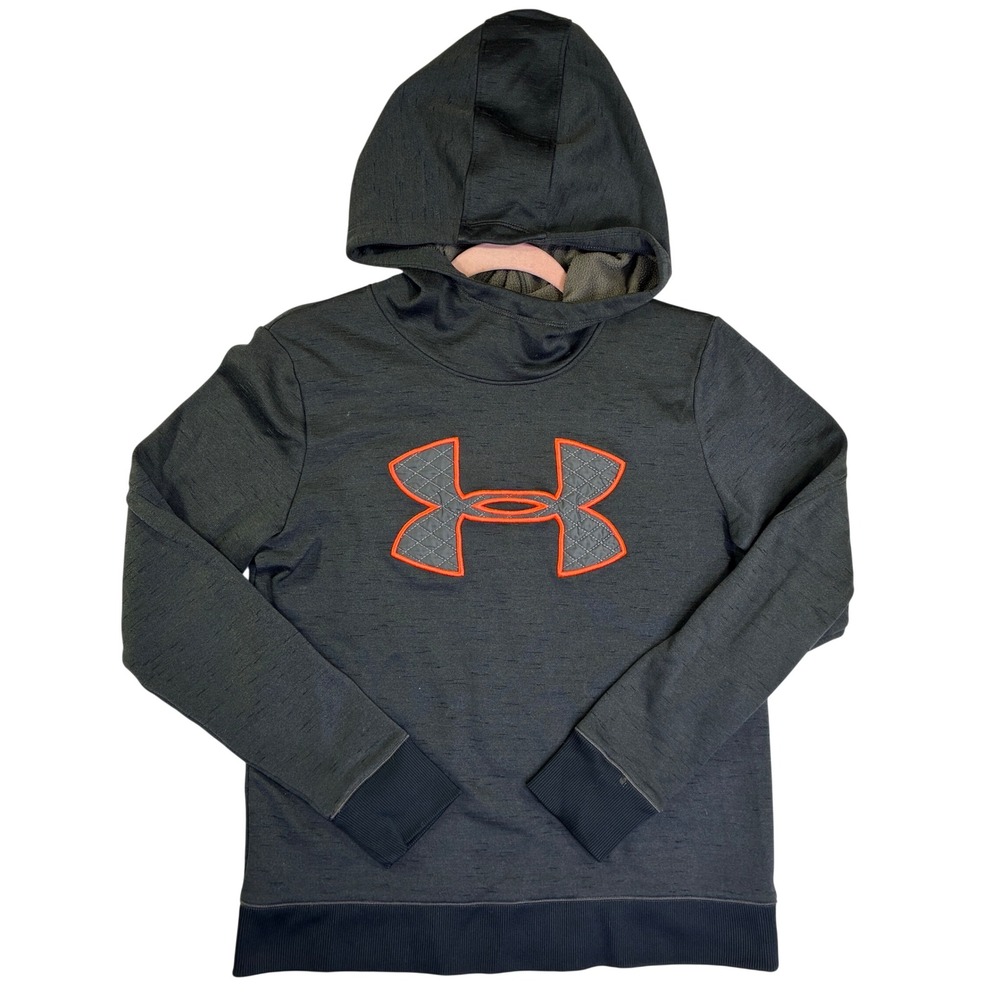 Under Armour ColdGear Hoodie Mens Small Grey Orange Quilted Logo Pullover Fleece